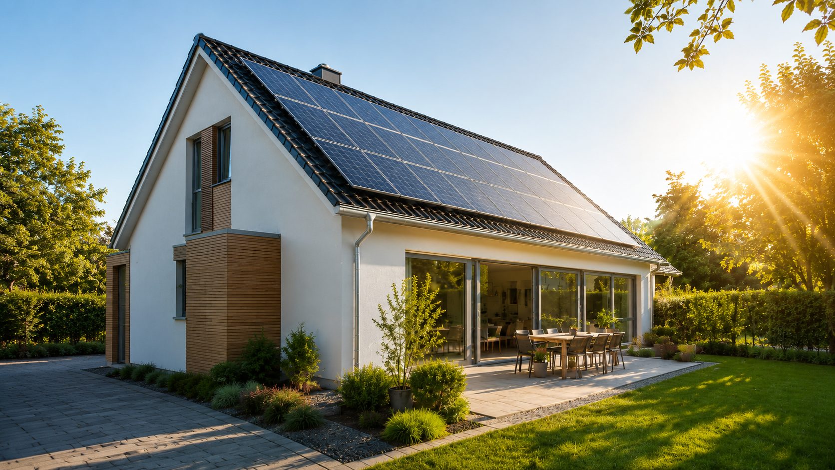 Modernes Einfamilienhaus mit Solaranlage auf dem Dach bei sonnigem Tageslicht