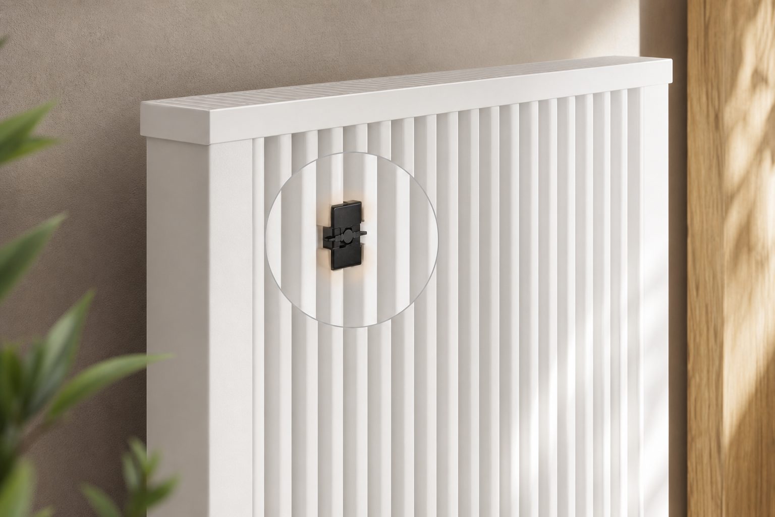 Detailansicht einer V-Therm Pro Elektroheizung mit integriertem Bauteil zwischen den Lamellen